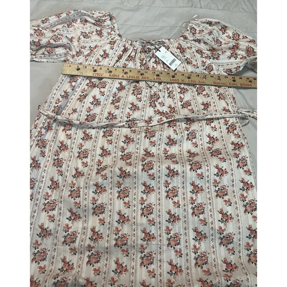 NWT A Loves A Tie Scoop Neck Short Puff Sleeve Floral Belted Midi Dress Large - Picture 5 of 12